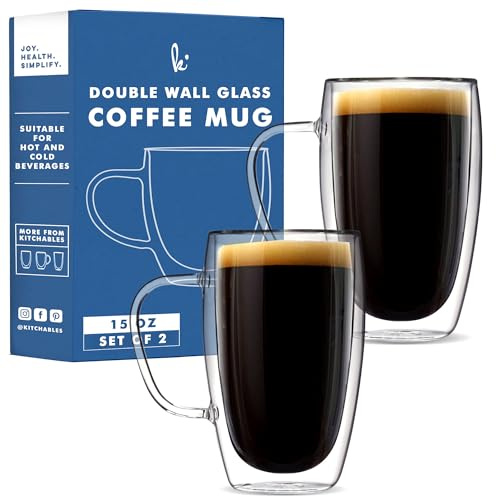 Coffee or Tea Glass Mugs Set of 2,15oz Double Wall Thermo Insulated Cups with Handle, Latte Cappuccino Espresso Glassware