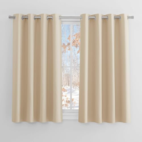 PONY DANCE Scheibengardine Küche Vorhang Verdunkelung 2er Set H 114 x B 132 cm Kurze Blickdichte Gardinen mit Ösen Blackout Curtains for Bedroom, Biscotti Beige