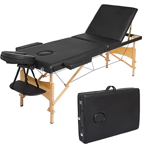 Mondeer Table de Massage, Pliante de 3 Sections Lit Cosmétique Pliante en Bois, avec l’Appui-Tête Amovible, Accoudoirs Réglables, Avec Housse de Transport et Accessoires (Noir)