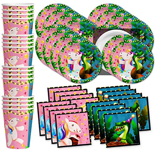 Unicorns & Dinos Joint Birthday Party Supplies Set Plates Napkins Cups Tableware Kit for 16