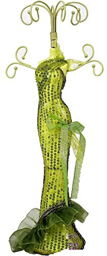Porte Bijoux Mannequin décoratif Vintage Original Présentoir Pour Colliers, Boucles D'oreilles, Pendentif Bracelets Fantaisie ou décorative Bois et Tissu Crochet en Métal H.39cm env. Coloris Vert