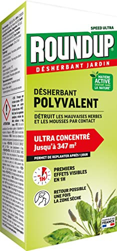 ROUNDUP RMU800N - Désherbant Jardin Action 2 en 1 Polyvalent 800 ml - Premiers effets visibles en 1h - Elimine mauvaises herbes et mousses par contact - Produit à base d'acide pélargonique - 347 m²