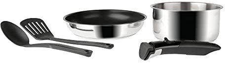 Batterie 5 pièces Inox - ARPEGE - 1 Casserole ø18 cm Inox, 1 Poêle ø24 cm revêtu + 1 Spatule Nylon, 1 Cuillère Nylon, 1 poignée Sitramovible - Tous feux DONT induction