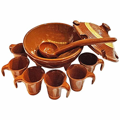 Tradineur - Mini Juego de queimada de barro artesanal, modelo mini individual, artesanía tradicional gallega, incluye cuenco, 6 tazas y cazo (Marrón, 14 x 7,5 cm)