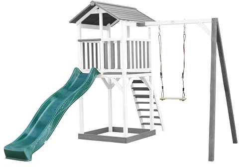 AXI Beach Tower Spielturm aus Holz in Weiß & Grau | Spielhaus für Kinder mit grüner Rutsche, Schaukel und Sandkasten | Stelzenhaus für den Garten