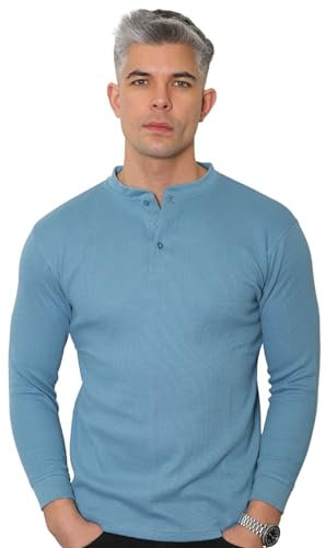 Long Sleeve Henley T Shirt Mens Grandad Shirt Mens Tops Casual Waffle Knit Button Shirt 2208 Air Force Blue XXL