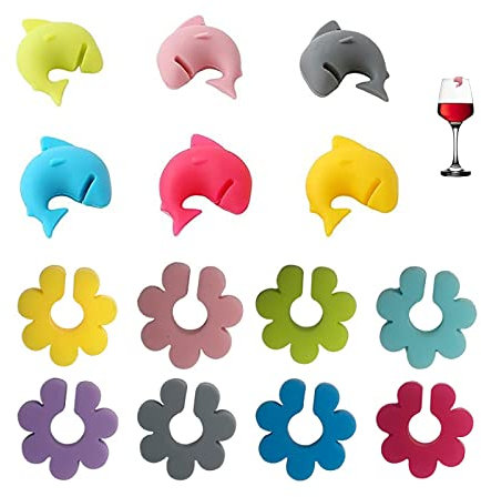 Generic 14pcs Silicone Charms Set: Shark & Flower Glass Identifiers, Reusable, for Cocktail Party, Family Dinner, Bar