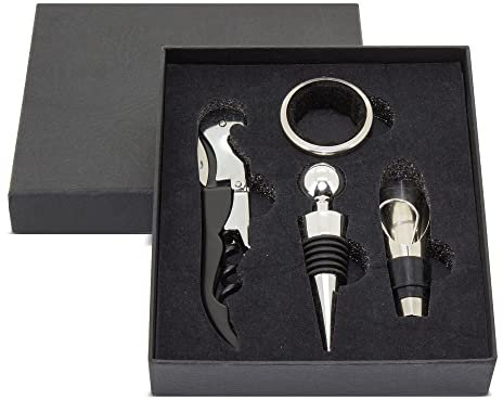 Set de vinos para regalar, Estuche de regalo en caja de cartón para los amantes del vino que incluye anillo antigoteo, tapón, sacacorchos y dosificador.