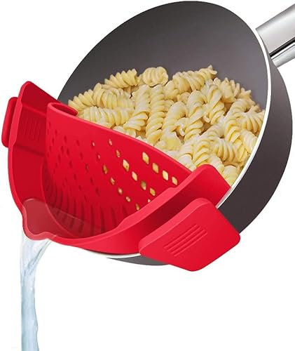 Snap Strainer, 1 Pack Silicone Food Strainers Heat Resistant Clip On Strain Strainer Rice Colander Kitchen Gadgets Drainer Hands- for Pasta, Spaghetti, Ground Beef, Universal Fit All Pots Bowls(Red)