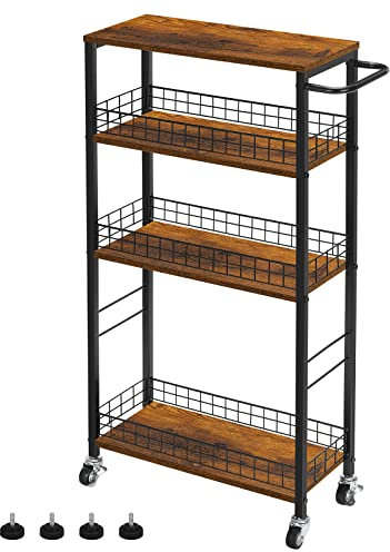 Slim Storage Cart 4 Tier Slim Rolling Cart on Wheels Mobile Narrow Kitchen Cart with Wooden Tabletop Grey Slide Out Slim Utility Cart with Handle for Living Room Laundry Pantry Gap 7.3''Wide