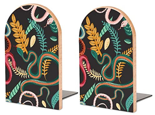 Snakes and Plants Wood Book Ends Non-Slip Book Holder Large Bookends Organizer for Office Home Desk Shelves