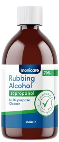 Monicare - All Purpose Rubbing Alcohol 70% Isopropanol Isopropyl 30% Pure Water, Disinfectant, Household Cleaner and Degreaser - Suitable for Electronics, Glass, Removing Grease and Glue 250ml