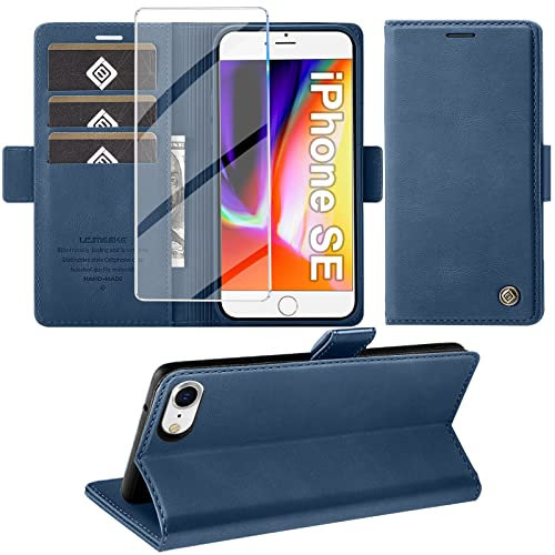 Giyer Handyhülle für iPhone SE 2022/2020 iPhone 8/7 Hülle mit Schutzfolie, Standfunktion Kartenfach Wallet Premium Leder Schutzhülle iPhone 7/8/SE 4.7 Zoll Flip Case Cover Stoßfeste Klapphülle (blau)