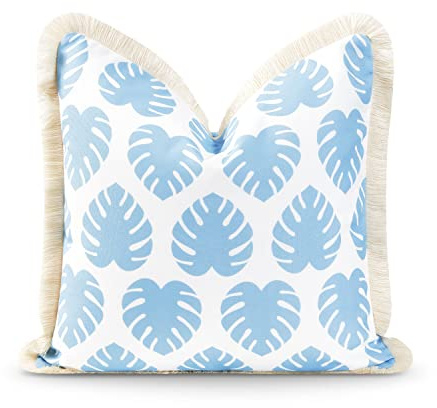 Hofdeco Premium Coastal Hampton Style Patio Indoor Outdoor Zierkissen Kissenbezug, 50,8 x 50,8 cm, wasserabweisend, Babyblaue Monstera-Blatt-Fransen