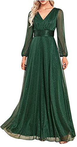 Masrin Cocktailkleid Damen Modisches Einfarbiges Brautjungfernkleid Bankettkleid mit Hoher Taille Knöchellanges Abendkleid Langarm Chiffonkleid mit V-Ausschnitt Fließendes Swing Kleid Tüllkleid