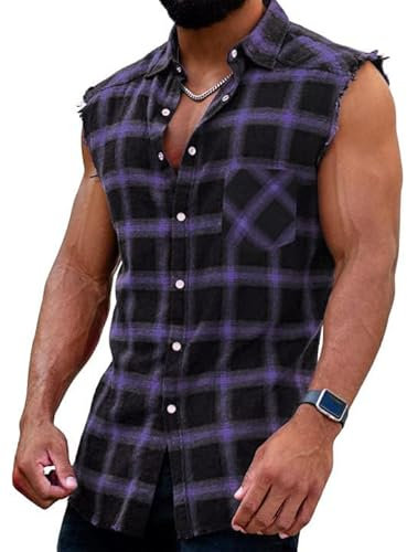 Chemise à carreaux sans manches pour homme - Coupe droite - En flanelle - Pour l'été - En coton - Pour les loisirs, A : violet, XL