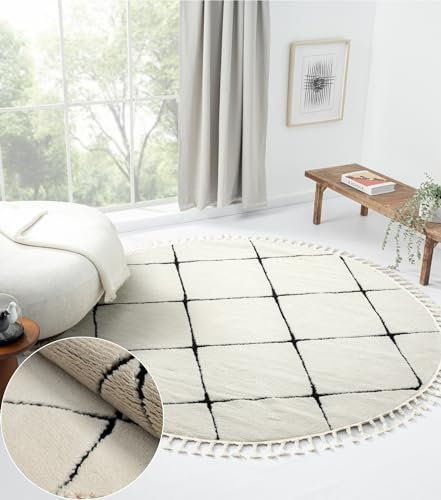 MY-RUG Teppich Vilma Rautenmuster, rund, weiß, 140 x 140 cm - Moderner Boho Teppich für das Schlafzimmer mit Rautenmuster und trendigen Fransen