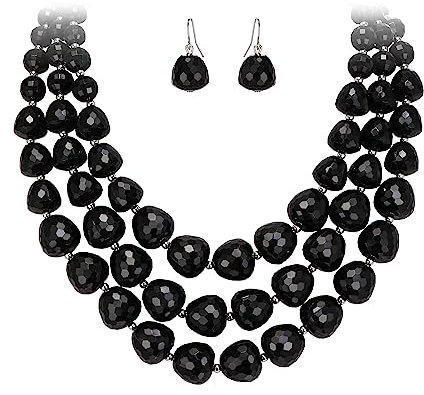 EVER FAITH Böhmische Mehrschichtige Halskette Ohrringe Set, Schwarz Statement Beaded Chunky Kragen Bib Schmuck-Set für Damen