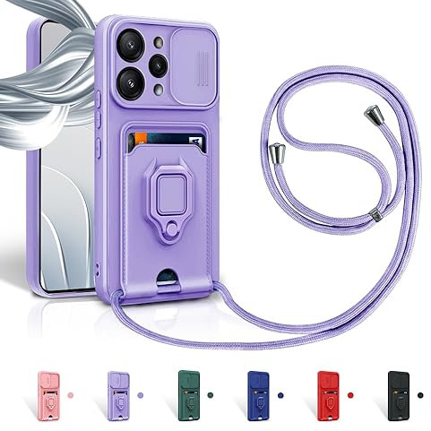 Aithne Cordon de Coque pour Xiaomi Redmi 12,Couvercle Coulissant de la Caméra+Support Annulaire à 360 Degrés,Fentes pour Cartes Lanyard Silicone Case -Pourpre