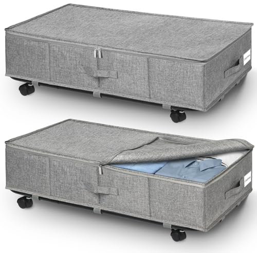 JUPELI 2 cajones para debajo de la cama con ruedas, 50 L, plegable, caja de almacenamiento, cajonera de almacenamiento, cajones con soporte de suelo de metal, caja de almacenamiento para edredones y