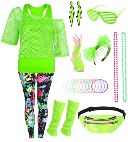 80er 90er Jahre Outfit Damen 20 Stück 80iger Retro Kostüm Off Shoulder Netzshirt Frauen mit Leggins Neon Kleidung Zubehör Set Bauchtasche Ohrring Netzhandschuhe Armband Halskette Bad Taste Outfit 020M