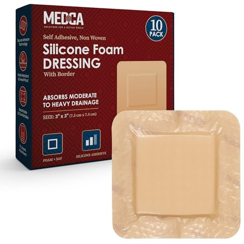 MEDca Silicone Foam Dressing w/Adhesive Border 3x3 (Pack of 10) Waterproof Silicone Bandages for Wounds, Highly-Absorbent Wound Dressing Bandage Care for Bed Sore Bandages, Pressure Sores, Ulcers