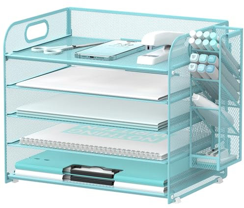 SUPEASY Schreibtisch-Organizer mit 5 Ebenen, mit Griff und abnehmbaren Stifthaltern, Papier-/Akten-Organizer aus Netzgewebe für den Schreibtisch, Briefablage und Organizer für Bürobedarf, Blau
