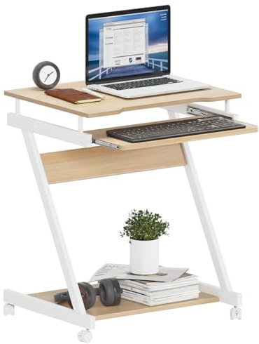 SogesPower Petit Bureau Mobile pour Ordinateur, Table Bureau Ordinateur avec Roues Verrouillables et Plateau pour Clavier, 60 x 46 x 73 cm, Érable