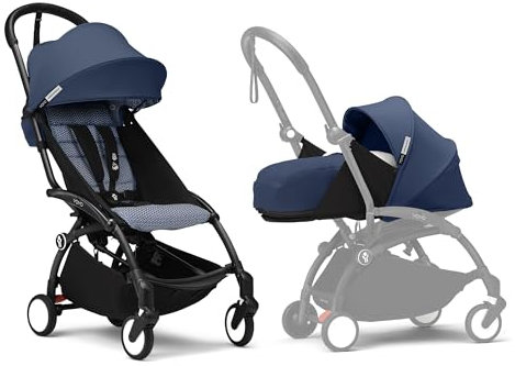 Poussette Stokke YOYO3 avec pack nouveau-né et pack couleur 6+ - Comprend un cadre noir, un pack couleur YOYO 6+ (Air France Blue) et un pack nouveau-né 0+ (Air France Blue)