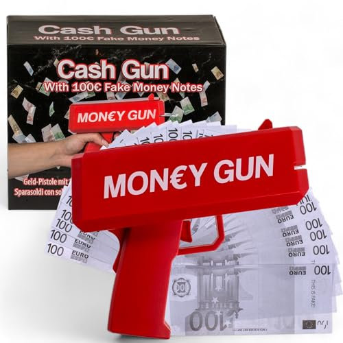MIJOMA Geld-Pistole Cash Cannon: Spaß-Gadget mit 100 Stück 100€ Spielgeld, Batteriebetriebene Geldschießmaschine Cash Gun, Perfekt für Partys & Veranstaltungen, Knalliges Rot