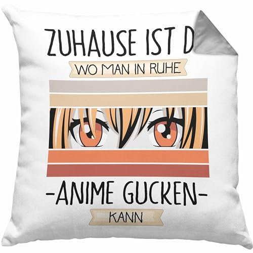 Trendation Anime Kissen mit Füllung 40x40 Geschenk Geschenkidee Lustiger Spruch Zuhause Ist Da Wo Man In Ruhe Anime Gucken Kann (Grau)