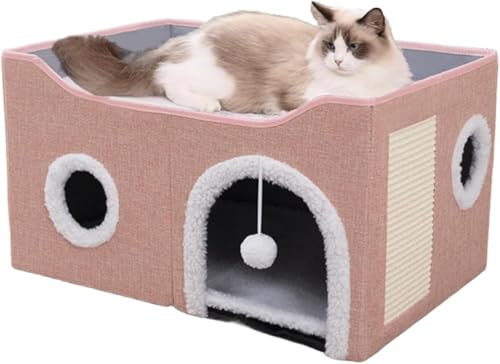 ERNAN Casa para Gatos Interior, Cama Plegable con Rascador para Diversos Estilos de Decoración del Hogar, para Gatos Pequeños y Animales Interiores (Pink, M)