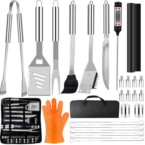 Juego de Utensilios de Barbacoa Kit de Accesorios Barbacoa, Acero Inoxidable,28 Piezas, en Maletín Portátil, para Parrilla de Barbacoa de Gas y Carbón, Regalos para Hombre.