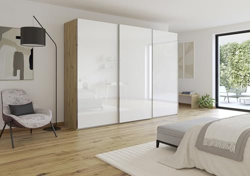 möbelando Schwebetürenschrank >Fifty< 3 Böden / 3 Kleiderstangen, in Eiche Artisan Dekor/Hochglanz weiß - 301x223x66cm (B/H/T)