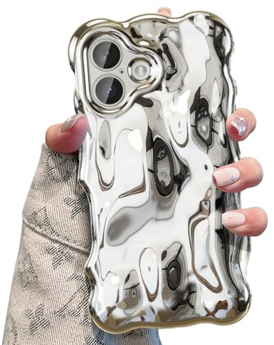 UEEBAI Case for iPhone 16 6.1, Cute Solid Color Curly Wave Shape Shockproof Soft TPU Bumper Phone Case, Candy Water Ripple 3D Silicone Slim Pretty Case Non-yellowing Cover-Silver