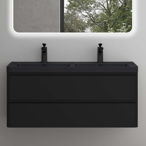 Mai & Mai Meuble de Salle de Bain Suspendu 120x48x55cm avec 2 Tiroirs et Lavabo Meuble sous Lavabo Noir Mat Lucca