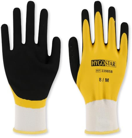 FRANZ MENSCH 120 Stück Hygostar Feinstrickhandschuhe Wet Protect | Latex-Beschichtung, Karton, gelb-schwarz, 9/L, L: 25cm, Schutzhandschuhe, Arbeitshandschuhe, Handwerkhandschuhe