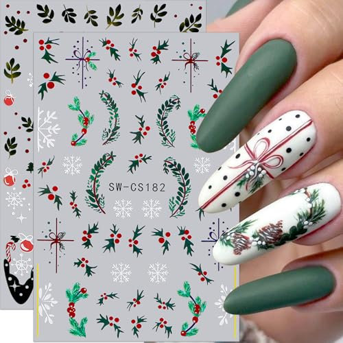 3D Nagelsticker Weihnachten Nageldesign Nailart Aufkleber Weihnacht Blätter Rote Bohne Schneeflocken Elch Nagelaufkleber Selbstklebend Nagel Sticker Winter Nägel Zubehör Christmas Nail Art Stickers