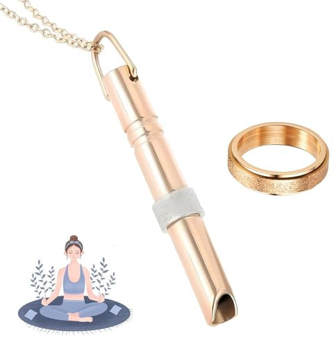 Breathing Necklace, Portable Anxiety Relief Breathing Necklace, Anxiety Whistle Necklace for Meditation, Stress Relief, with 1 Stress Relief Ring, Christmas Valentine Gift (Gold)
