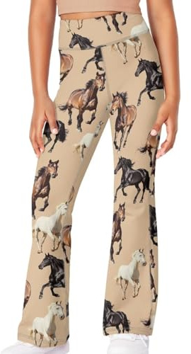 GWDDCMGYH Children's Yoga Pants Stylish Horse Print Elastic High Waisted Long Flared Leggings Casual Comfy Outfit Size Bootcut Sweatpants for Daily Wear
