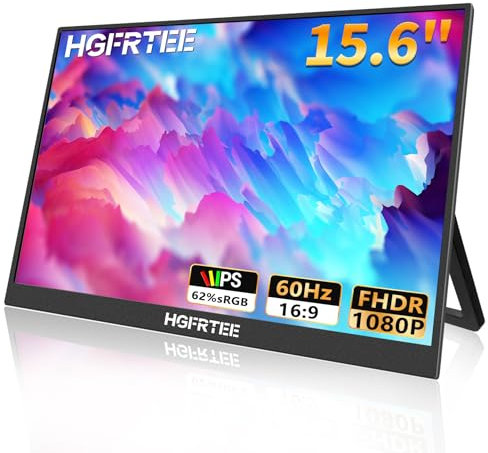 HGFRTEE Monitor portatile 15,6 pollici, 1920 x 1080 FHD, 16:9, antiriflesso, IPS, grandangolo 178°, sRGB 62%, 60Hz, altoparlante, USB-C, mini HDMI, leggero e pieghevole, VESA, Windows/MacOS, gaming e