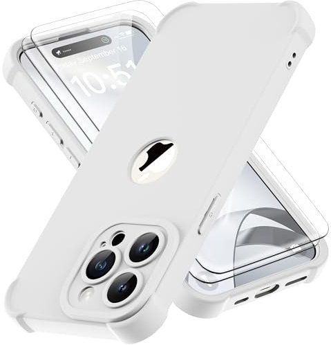 ORETECH for iPhone 15 Pro Case 6.1 inch, with [2 Pack Screen Protector] [Camera Lens Guard] [15FT Military Grade Drop Test] 360° Shockproof Slim Fit Design Rubber Bumper Phone Cover - White