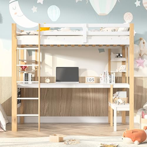 RWUDV Hochbett mit Schreibtisch und Lagerregal, Kinder Etagenbett 90x200cm, Kinderbett Bettgestell mit Lattenrost & Rausfallschutz, Funktionsbett Stockbett Einzelbett, Ohne Matratze