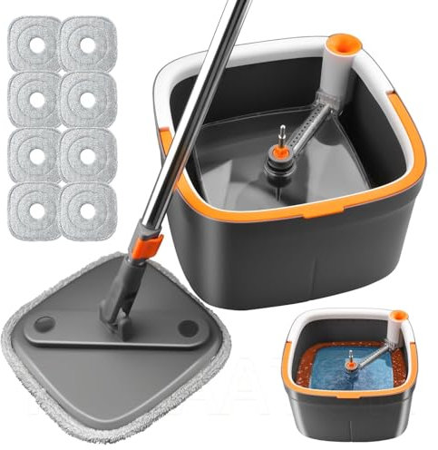 KZKR Spin Mop and Bucket Set with 8 Replaceable Microfiber Mop Pads with Self Separation Dirty and Clean Water System, Self Wringing 360° Rotating Square Mop Head for Hardwood Tile Marble Floors