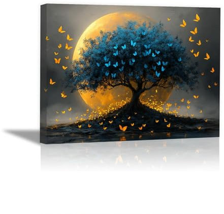 BOHUO Arbre De La Vie Impression sur Toile, Lune Animal Arbre Tableau Abstrait - Decoration Murale Salon Moderne - Image sur Toile - 30x45cm Encadrée(Bleu)