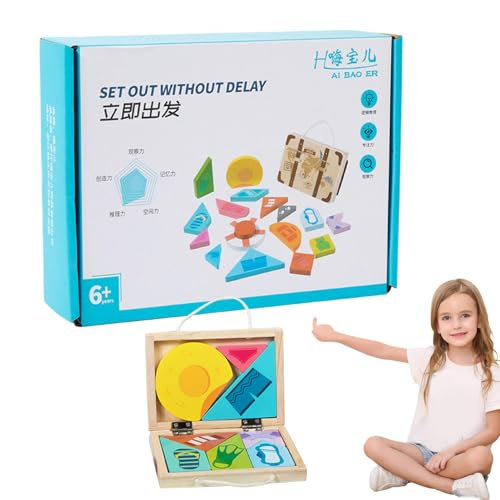 Children Educational Puzzles, Wooden Challenging Blocks Puzzle, Logical Thinking Training Aid, Portable Sensory Toys for Preschool, Nursery, 8.07x5.91x2.17 Inches