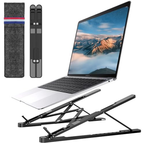 Euqvunn Laptop Ständer für Schreibtisch-[10-Stufen-Neigungseinstellung] Aus Aluminiumlegierung faltbar & tragbar Laptopständer, rutschfest & belüftetes Kühldesign, für Laptops 10-17,3 (Schwarz)