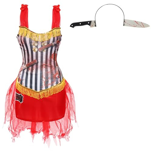 Ladies Knife Thrower's Assistant Costume - Small - Black and White Striped Dress with Gold Tassels and Fake Knife Headband - Adults Circus Halloween Fancy Dress Costume