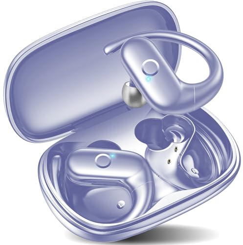 Temdan Wireless Earbuds Over-Ear Headphones Bluetooth 5.3 With Ear-Hooks Deep Bass Headsets Clear Call Ultralight earphones Up To 30H Use Time For Studying Workout Gaming,purple