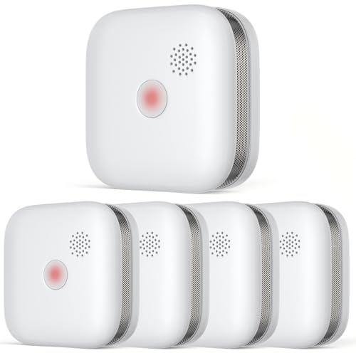 5er Pack Mini Rauchmelder 10 Jahre Batterie & Fern-Stummschaltung | ohne Bohren &LED-Blinken Idea für Wohnräume Wohnwagen & Wohnmobil EN 14604 geprüft 85 dB lauter Alarm flach 55°C Hitzemeldung